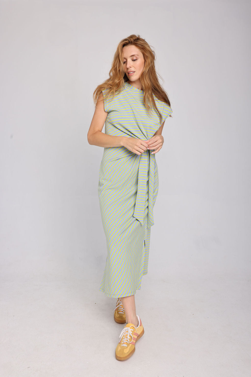 The Sasha dress in striped lilac and yellow
