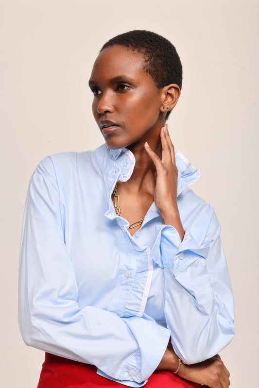 The Josephine in blue with white trim